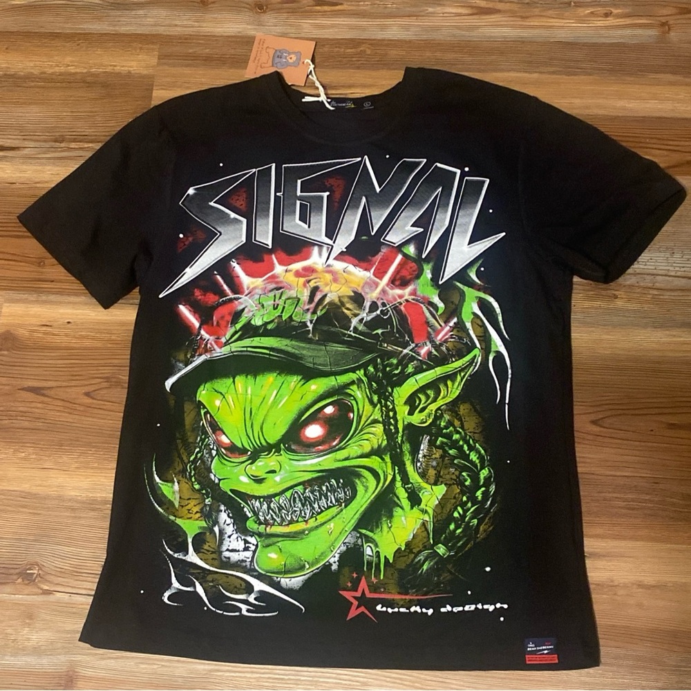 Black Graphic Tee with Green Alien Design